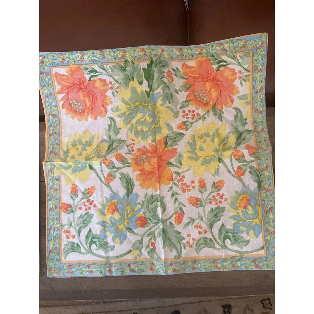 Vintage Style Floral Cotton Napkins Set of 4 Orange Blue Yellow Botanical Print